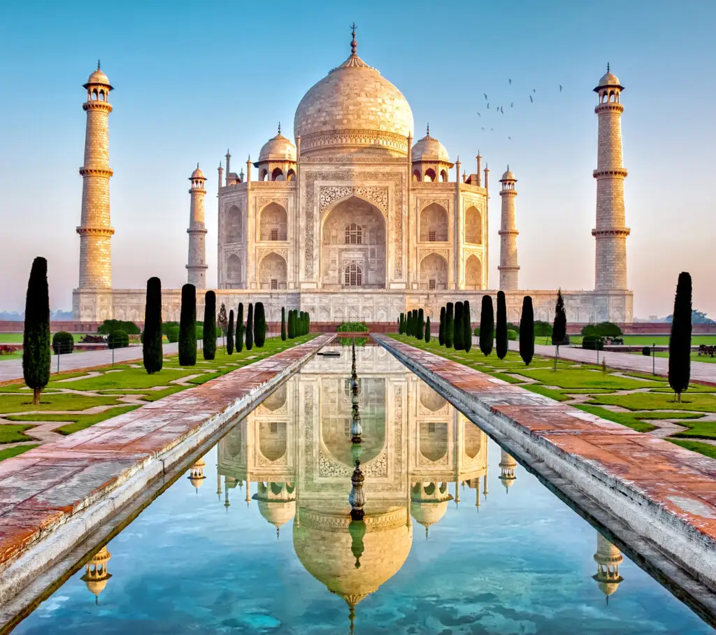 Reflective pool at Taj Mahal at sunset